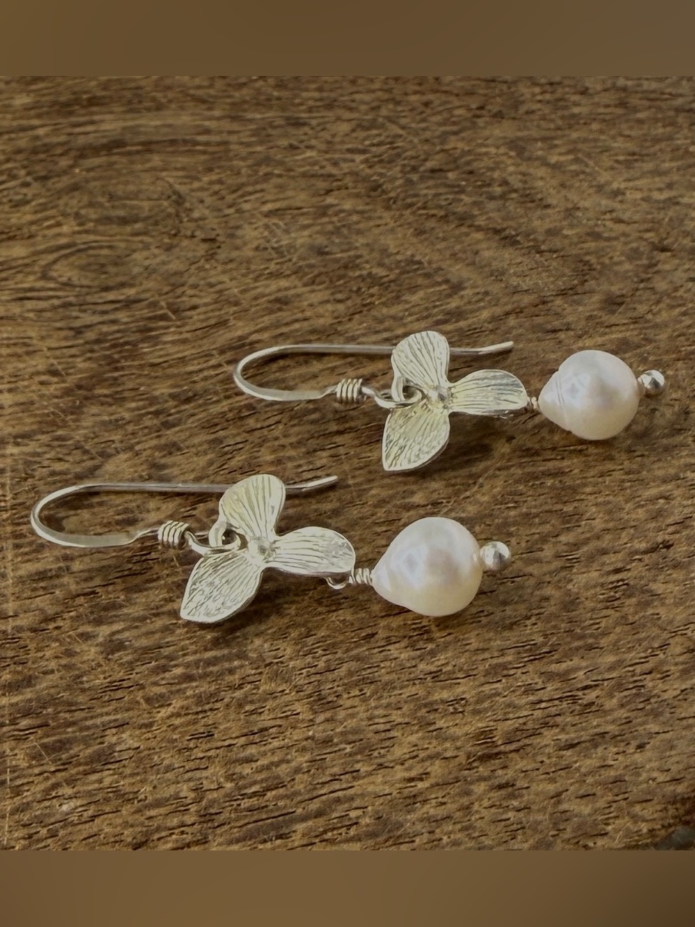 Delicate Sterling Silver Floral Drop Earrings with White Pearl Drops